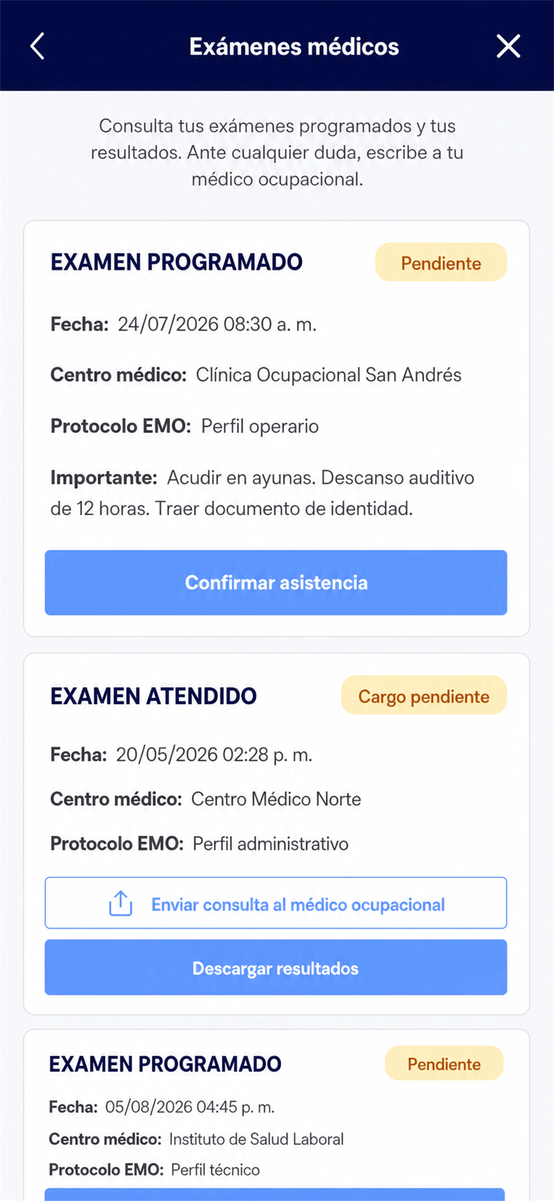 Vista móvil de LAUS donde el trabajador consulta su examen médico programado, el centro médico y los requisitos previos