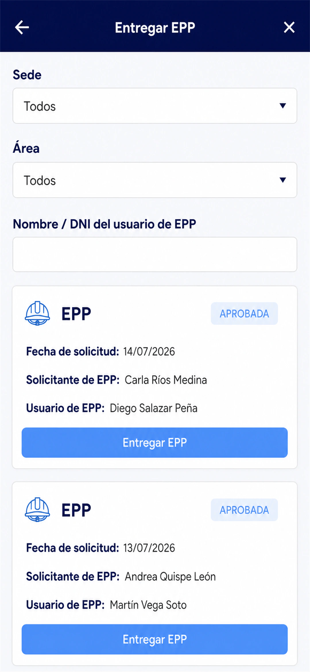Pantalla de la app LAUS para entregar un EPP aprobado a un trabajador
