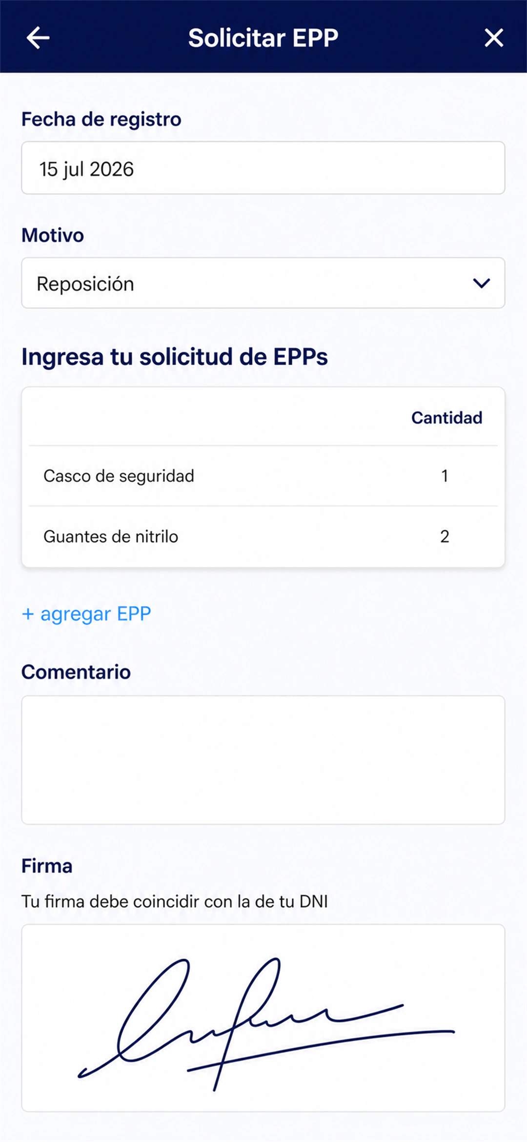 App LAUS mostrando la solicitud de EPP con la firma del cargo en el teléfono