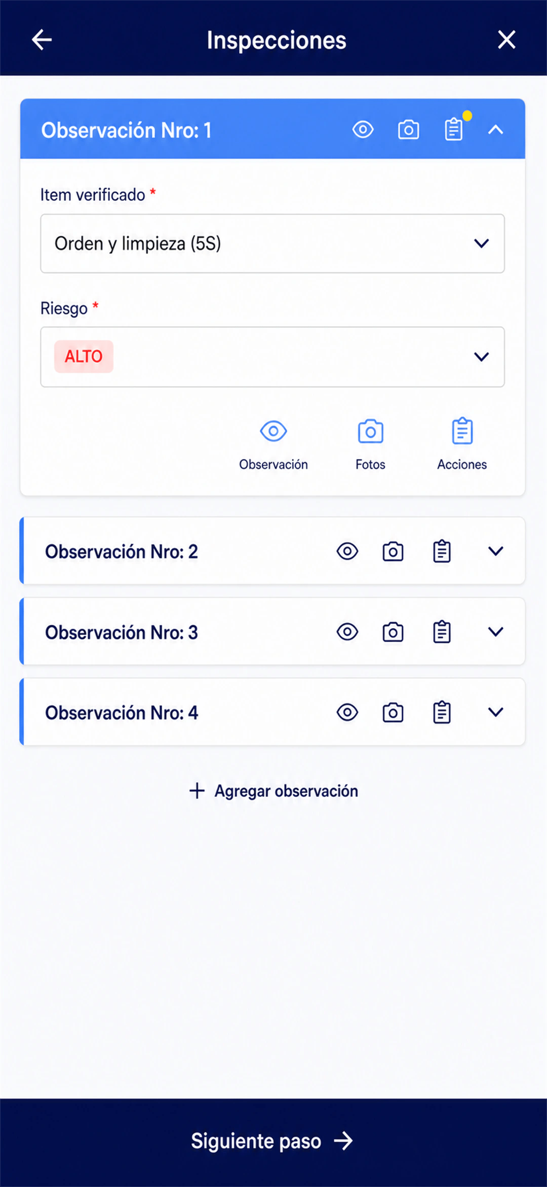 Pantalla de la app LAUS registrando observaciones de una inspección en campo