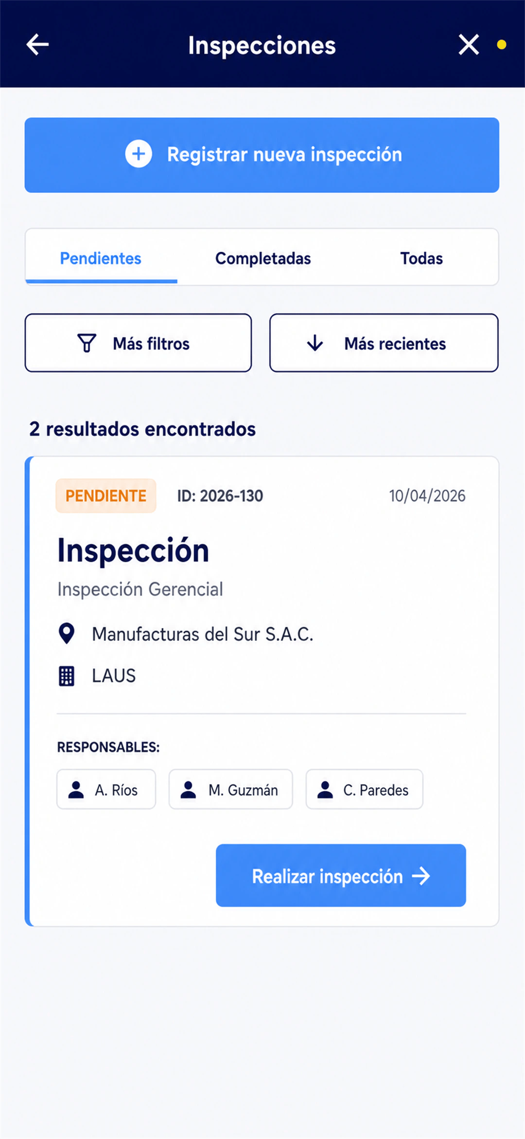 Pantalla de la app LAUS con el listado de inspecciones pendientes por realizar