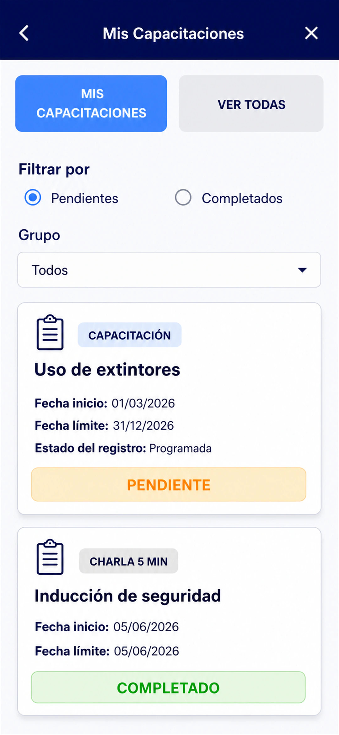 Vista del colaborador en la app de LAUS con la lista de sus capacitaciones asignadas