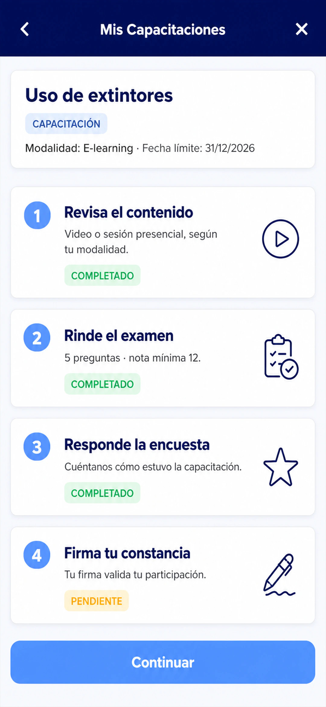 Pasos de la capacitación del colaborador en la app de LAUS: examen y encuesta de satisfacción