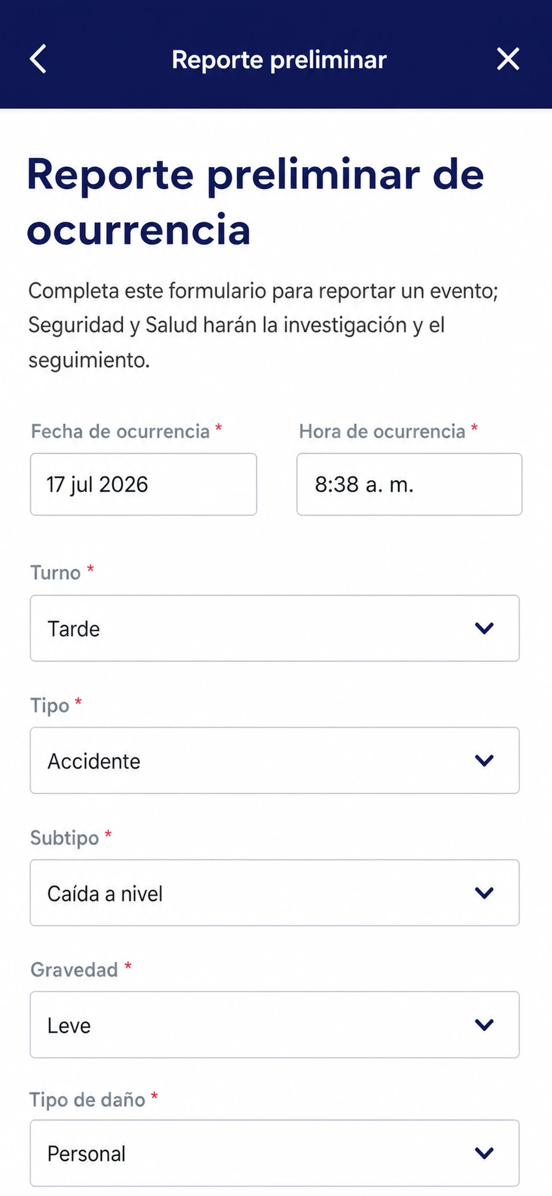 Formulario de reporte preliminar de un evento en la app de LAUS