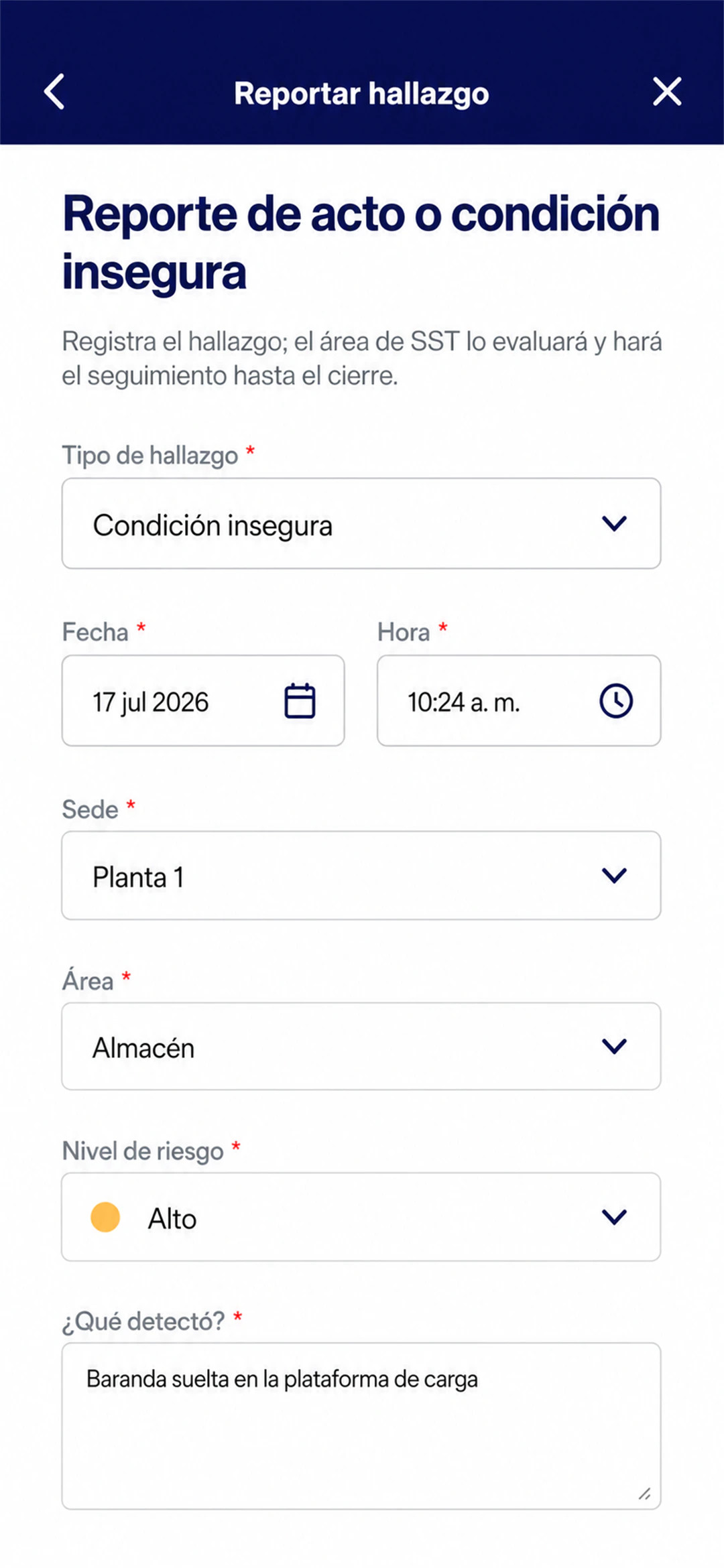 Formulario para reportar un acto o condición insegura en la app de LAUS