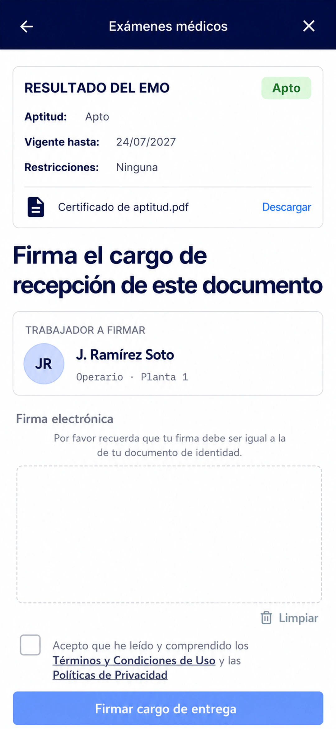 Vista móvil de LAUS con el resultado apto del examen médico, el certificado descargable y la firma electrónica del cargo de entrega