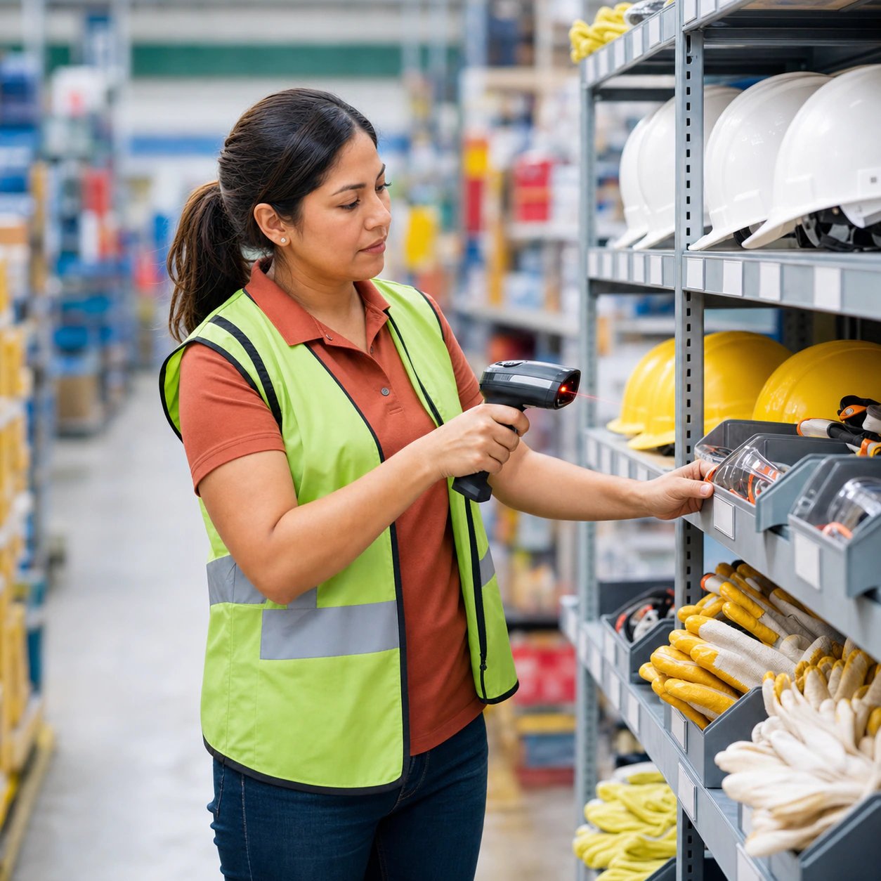 Coordinadora de almacén inventariando con un scanner los racks de EPP de un centro de distribución