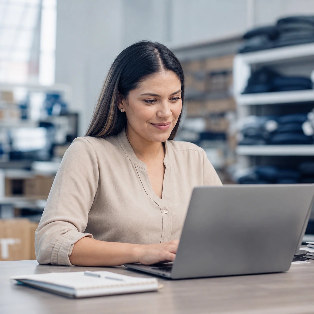 Especialista SST revisando reportes de inspección en una laptop en una tienda retail