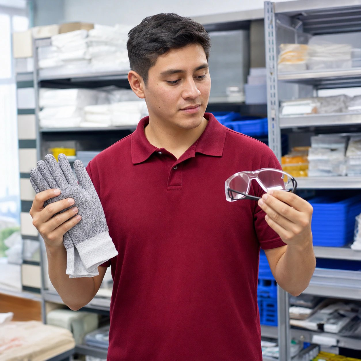 Trabajador joven revisando los guantes y lentes de seguridad que acaba de recibir
