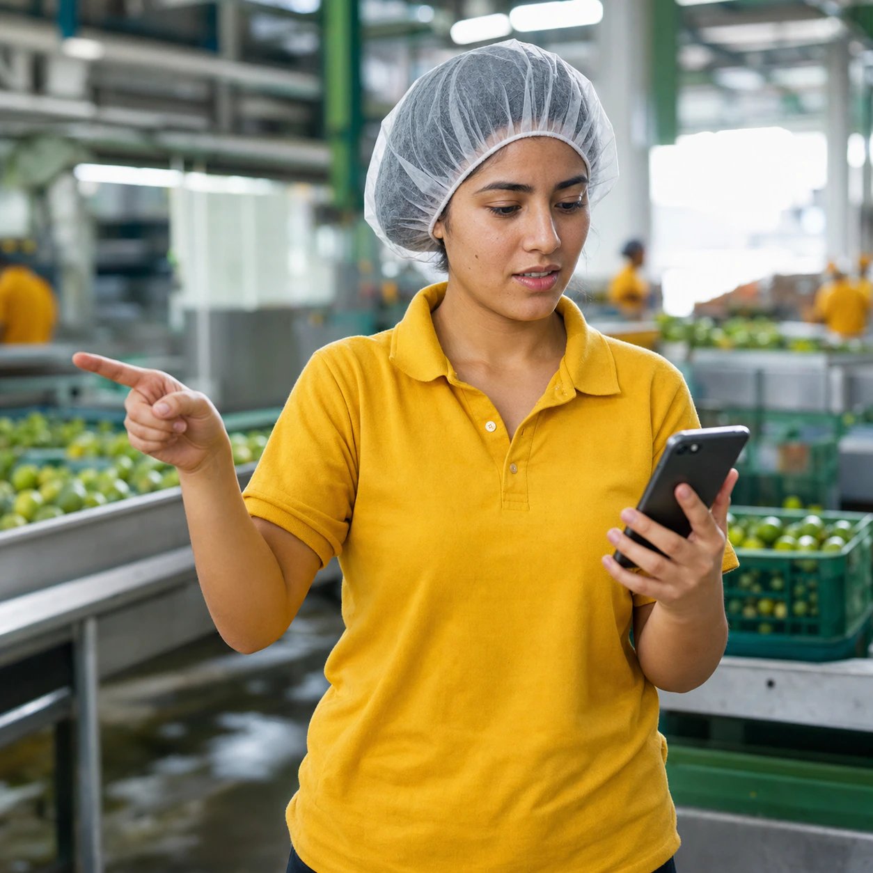 Trabajadora joven de agroindustria reportando un hallazgo desde su celular
