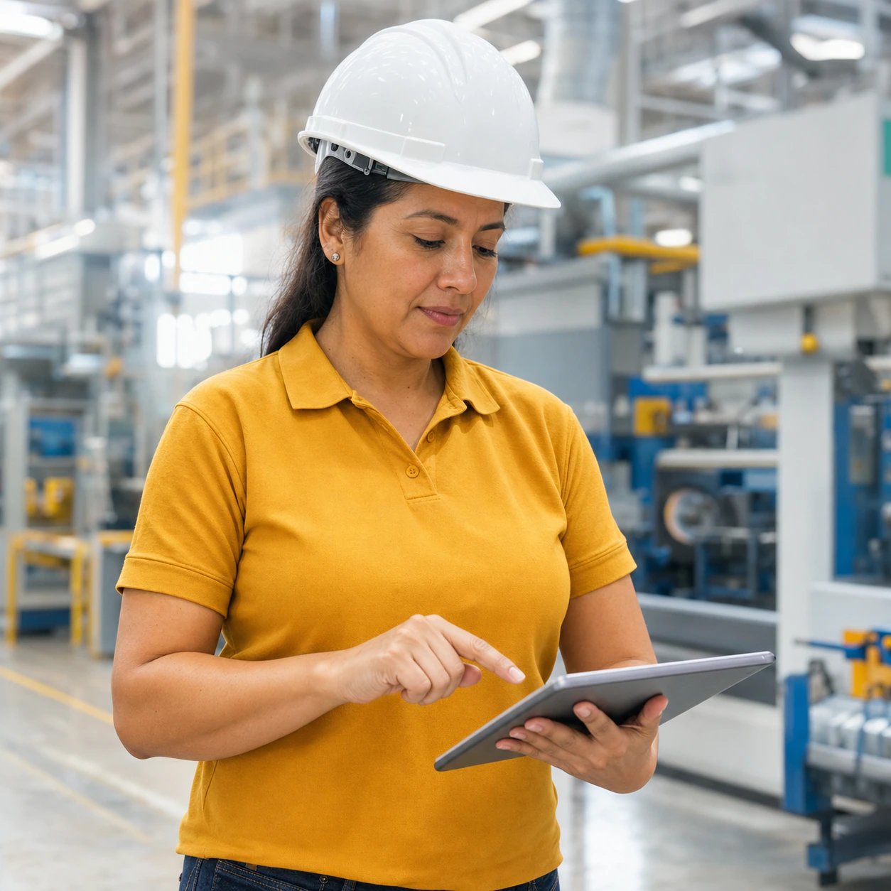 Jefatura revisando y aprobando un ATS en una tablet en planta