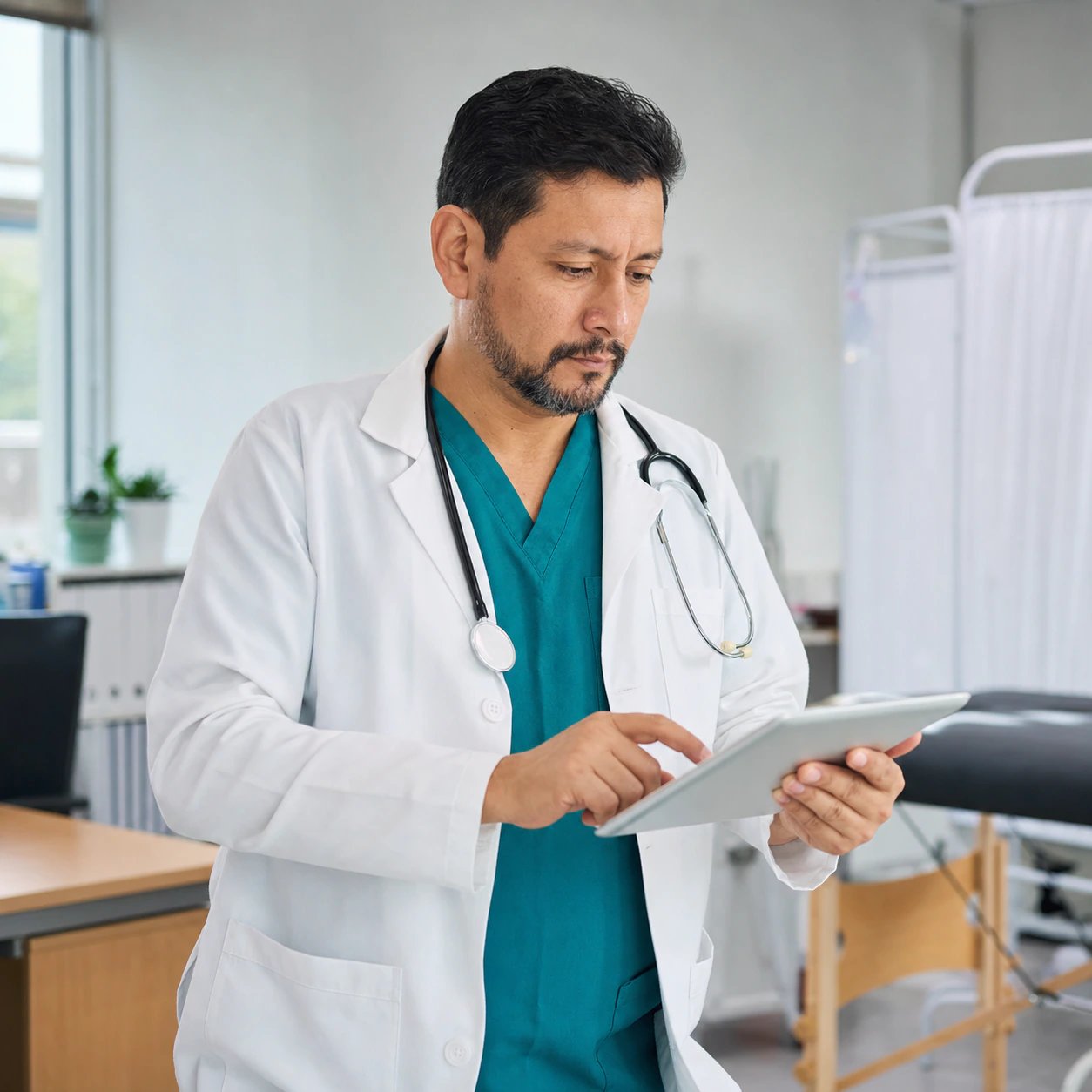 Médico ocupacional registrando la aptitud de un trabajador en una tablet en un consultorio de salud ocupacional
