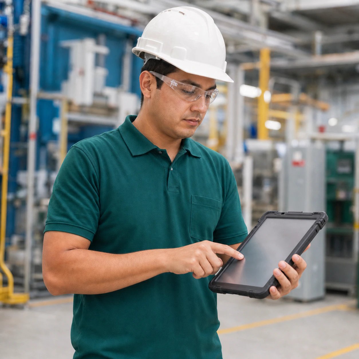 Responsable de SST configurando el sistema documentario en una tablet en planta