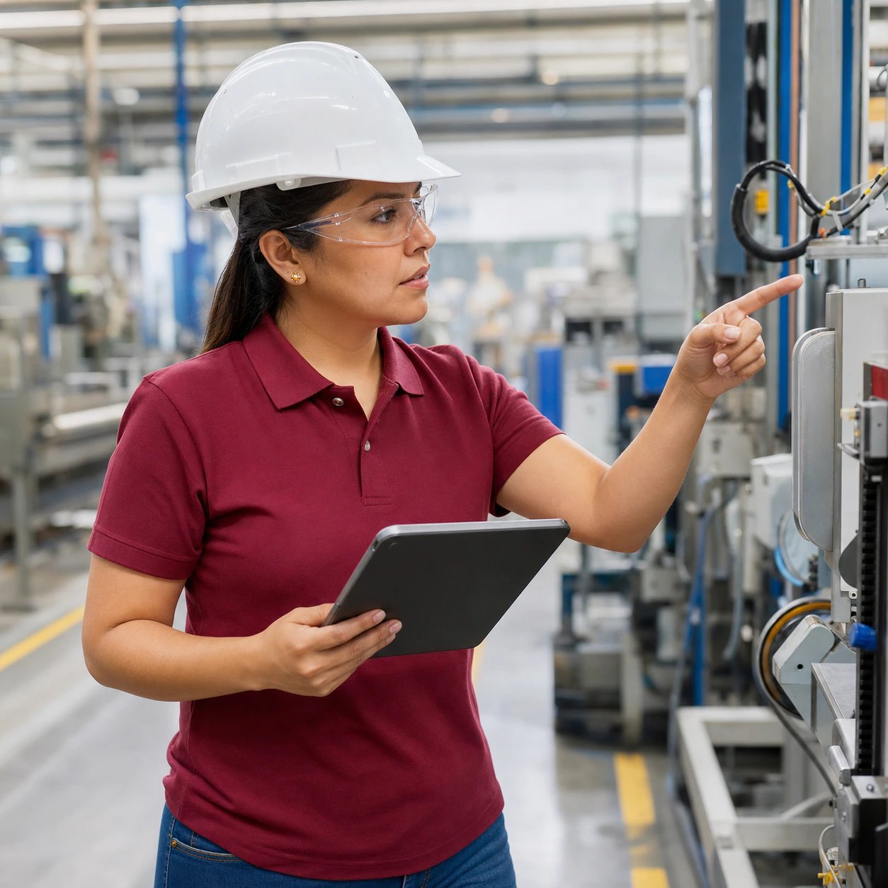 Supervisora SST clasificando el riesgo de un hallazgo con una tablet en planta