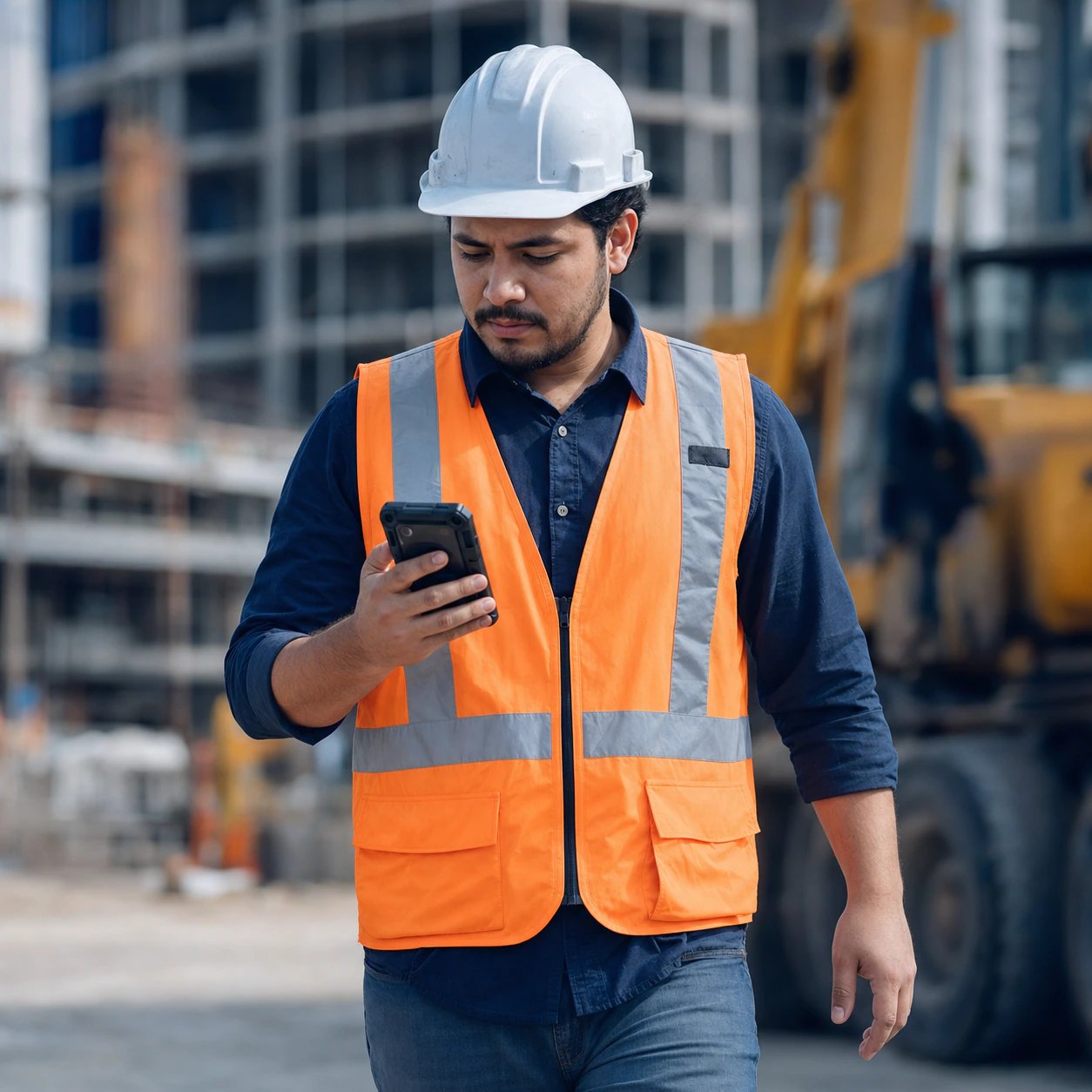 Supervisor de campo con chaleco naranja revisando una inspección en el celular en una obra
