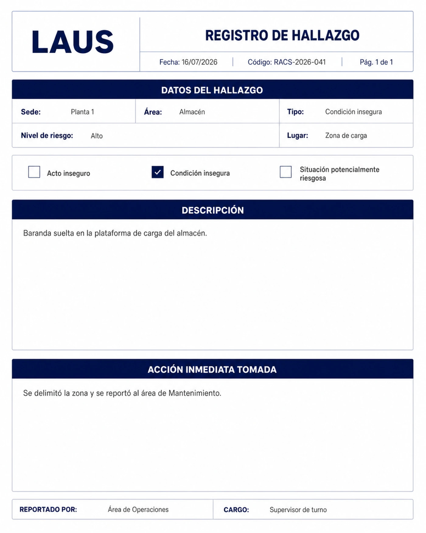 Registro de un hallazgo en LAUS exportado en PDF, listo para auditoría