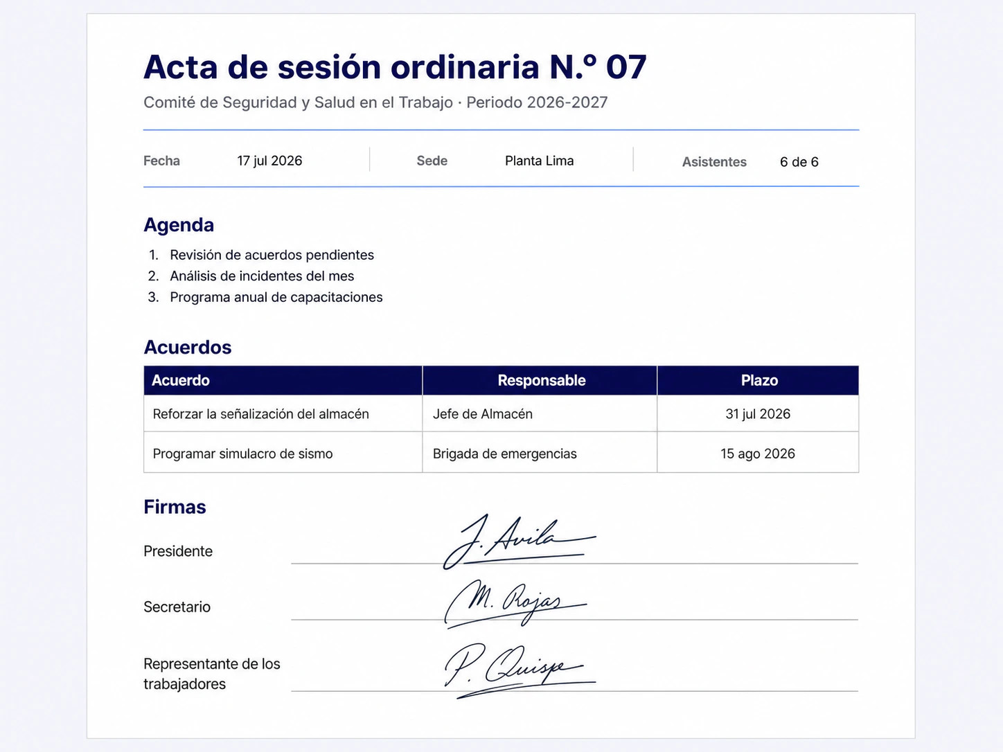 Acta de sesión del Comité de SST generada en PDF en LAUS con acuerdos y firmas