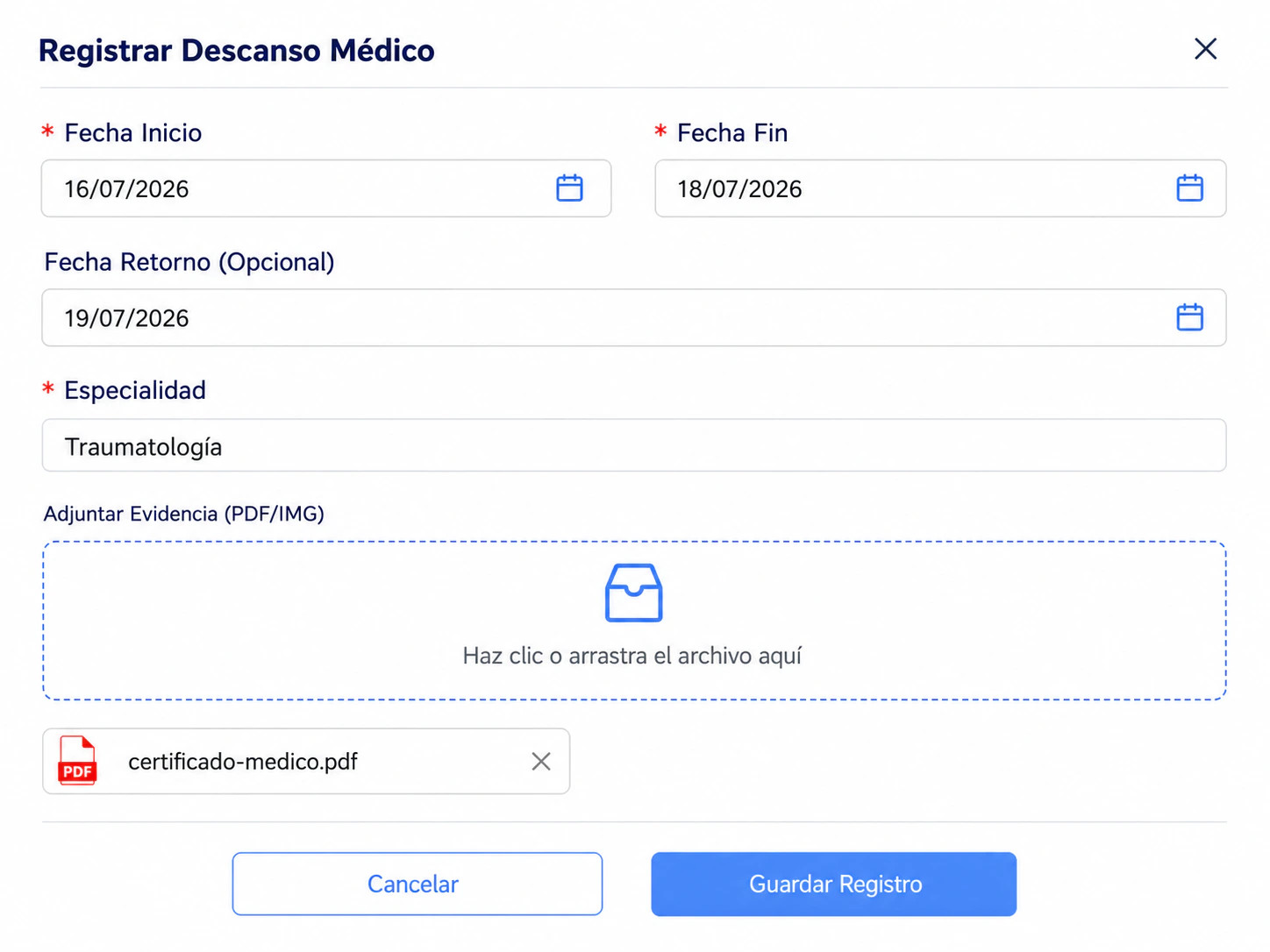 Registro de un descanso médico con su certificado adjunto en un caso de vigilancia médica en LAUS