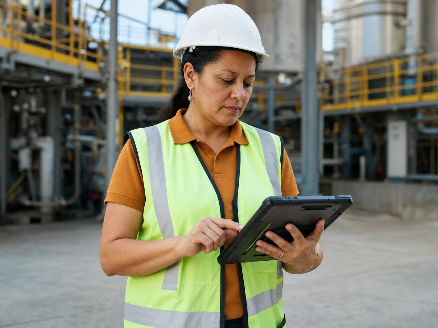 Supervisora de SST aprobando un permiso de trabajo de alto riesgo en una tablet en una planta industrial