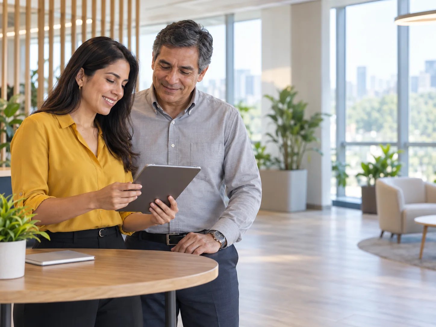 Responsable de bienestar social y gerente de finanzas revisando juntos una tablet en la oficina