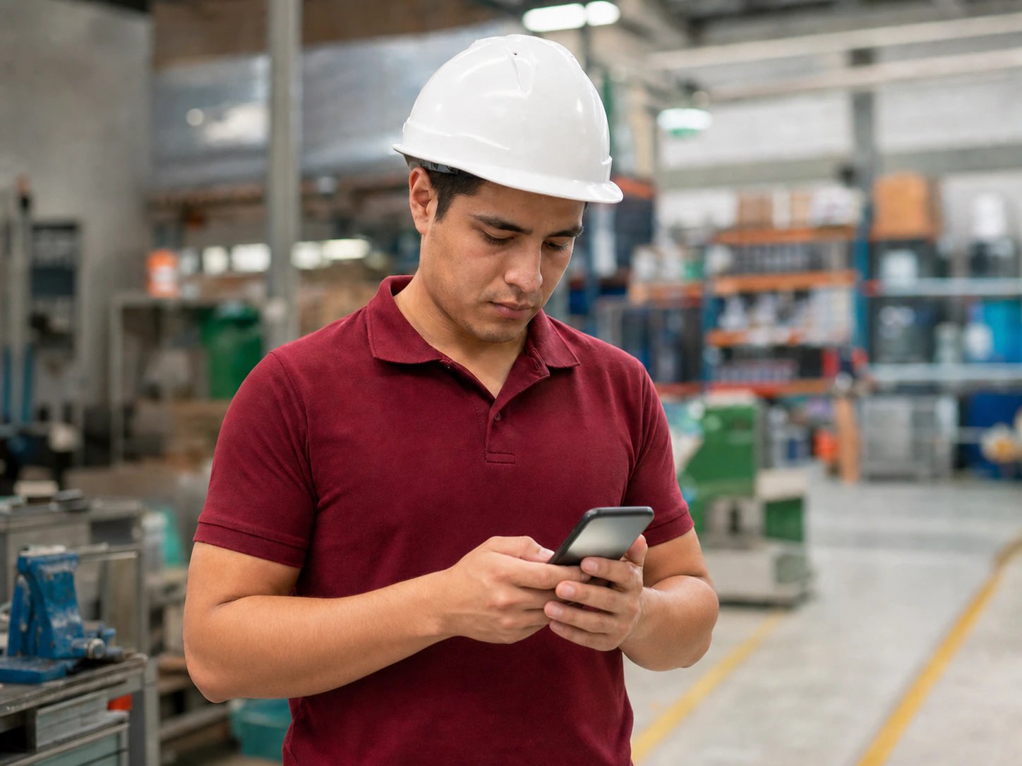 Colaborador leyendo una política de seguridad en su celular en el piso de trabajo