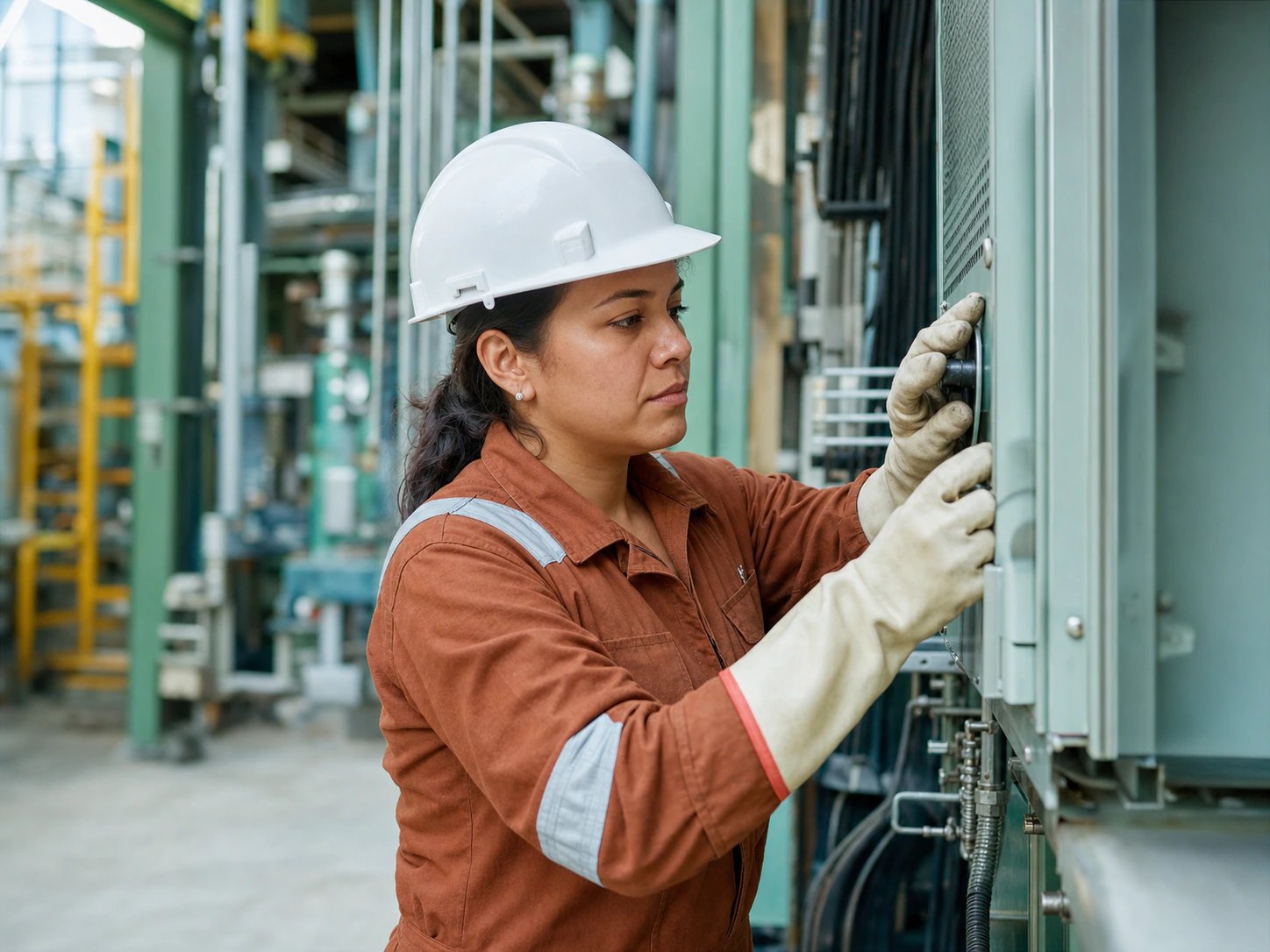 Técnica de mantenimiento levantando una condición insegura: asegurando un tablero eléctrico en planta