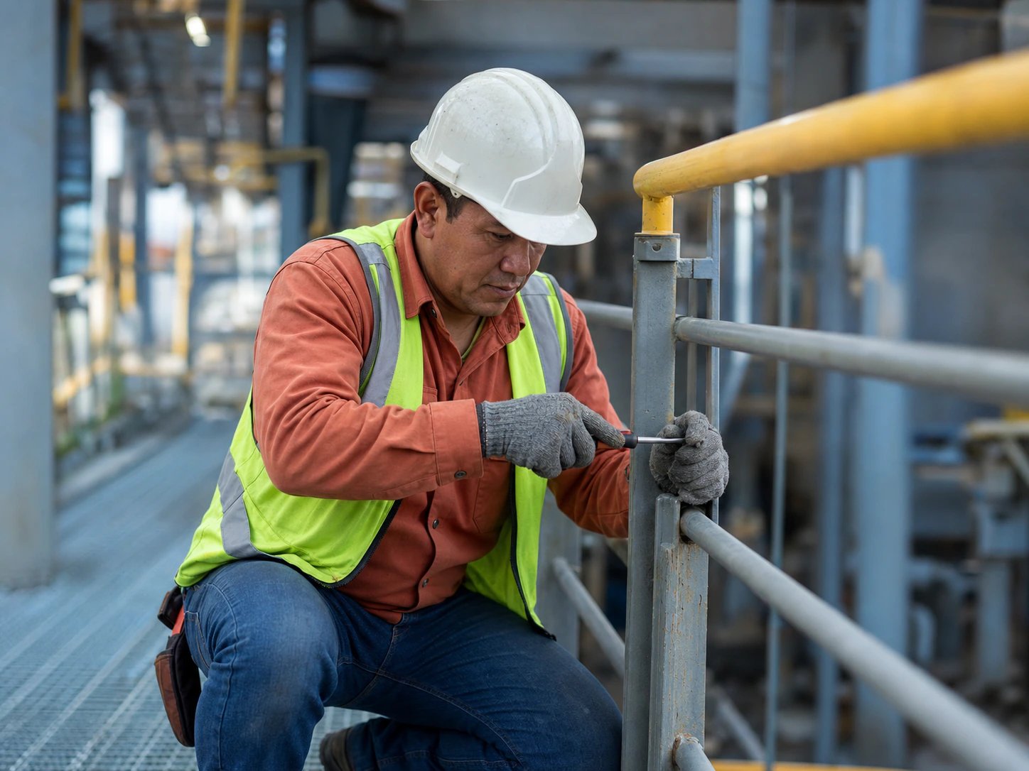 Técnico de mantenimiento reparando una baranda metálica en una plataforma industrial
