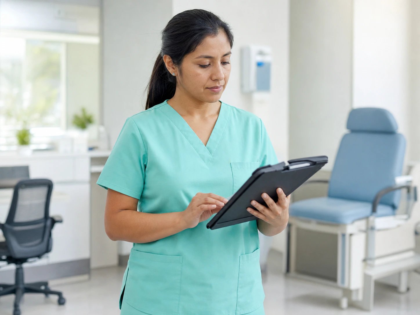 Enfermera de salud ocupacional revisando una historia clínica en una estación de salud de la empresa