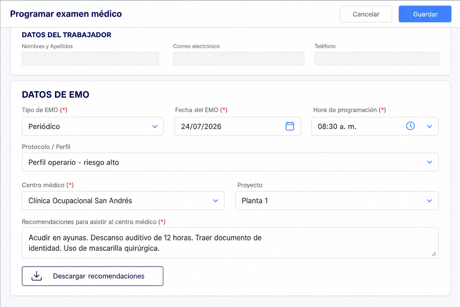 Pantalla de LAUS para programar un examen médico ocupacional con su tipo, protocolo por nivel de riesgo, centro médico y recomendaciones previas