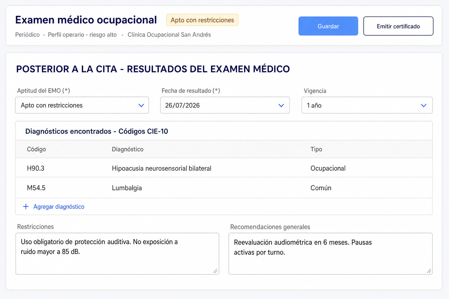 Registro clínico del examen médico en LAUS: el médico ocupacional define la aptitud, los diagnósticos CIE-10 y las restricciones del puesto