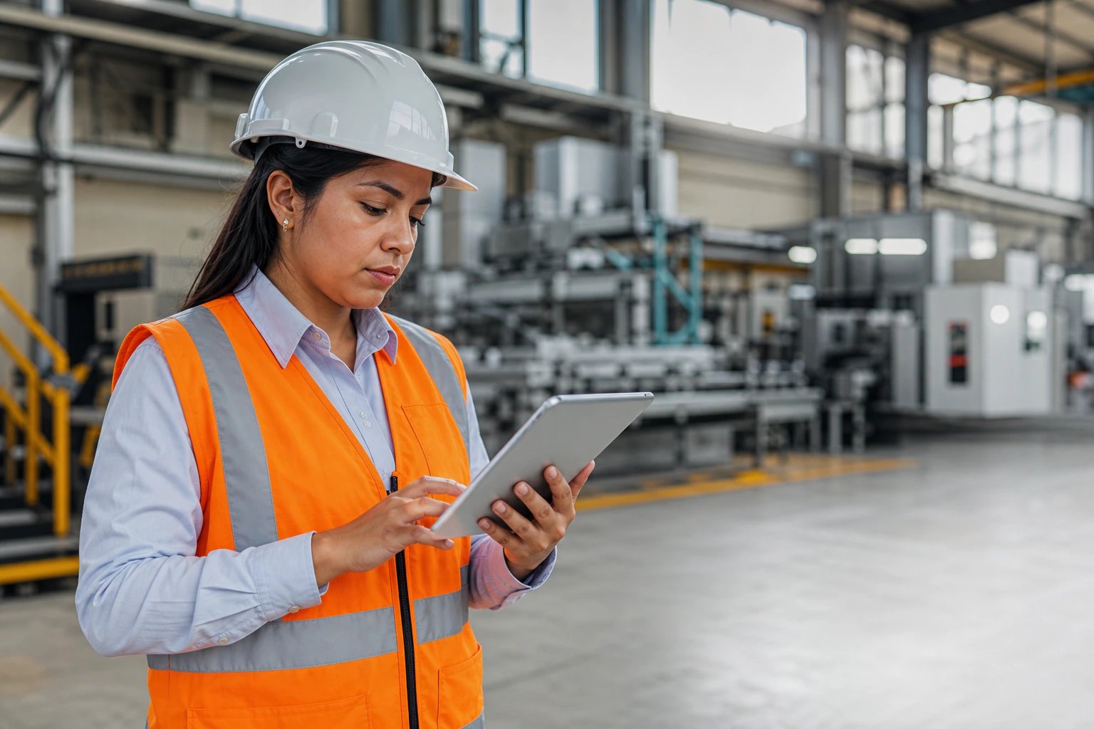 Supervisora de seguridad revisando su gestión de SST en una tablet dentro de una planta