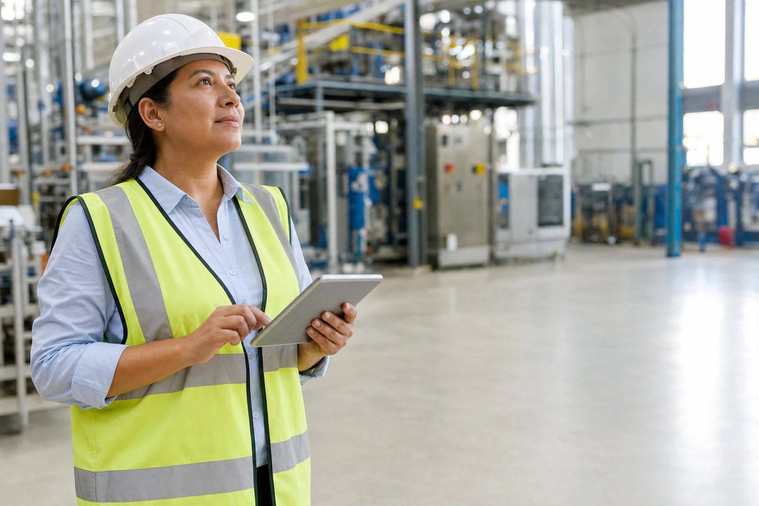 Líder de operaciones SST revisando resultados en una tablet dentro de una planta moderna