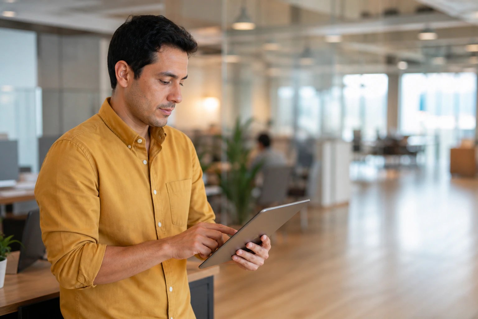 Responsable de recursos humanos revisando en una tablet los colaboradores sincronizados