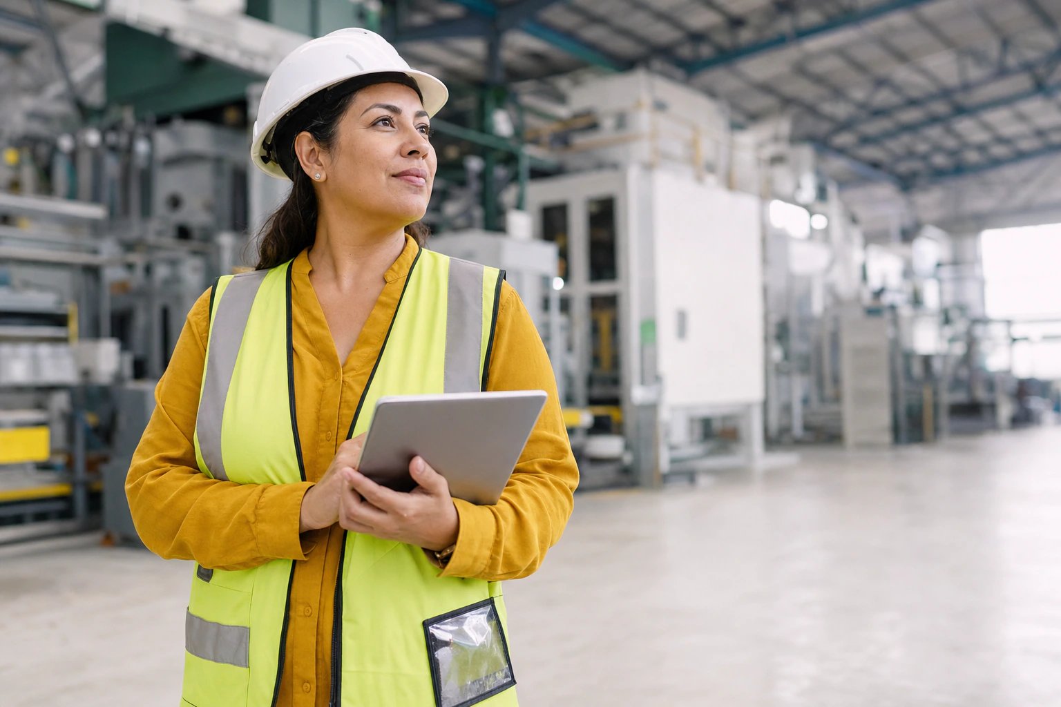 Líder de operaciones revisando en una tablet el estado de los permisos en una instalación industrial