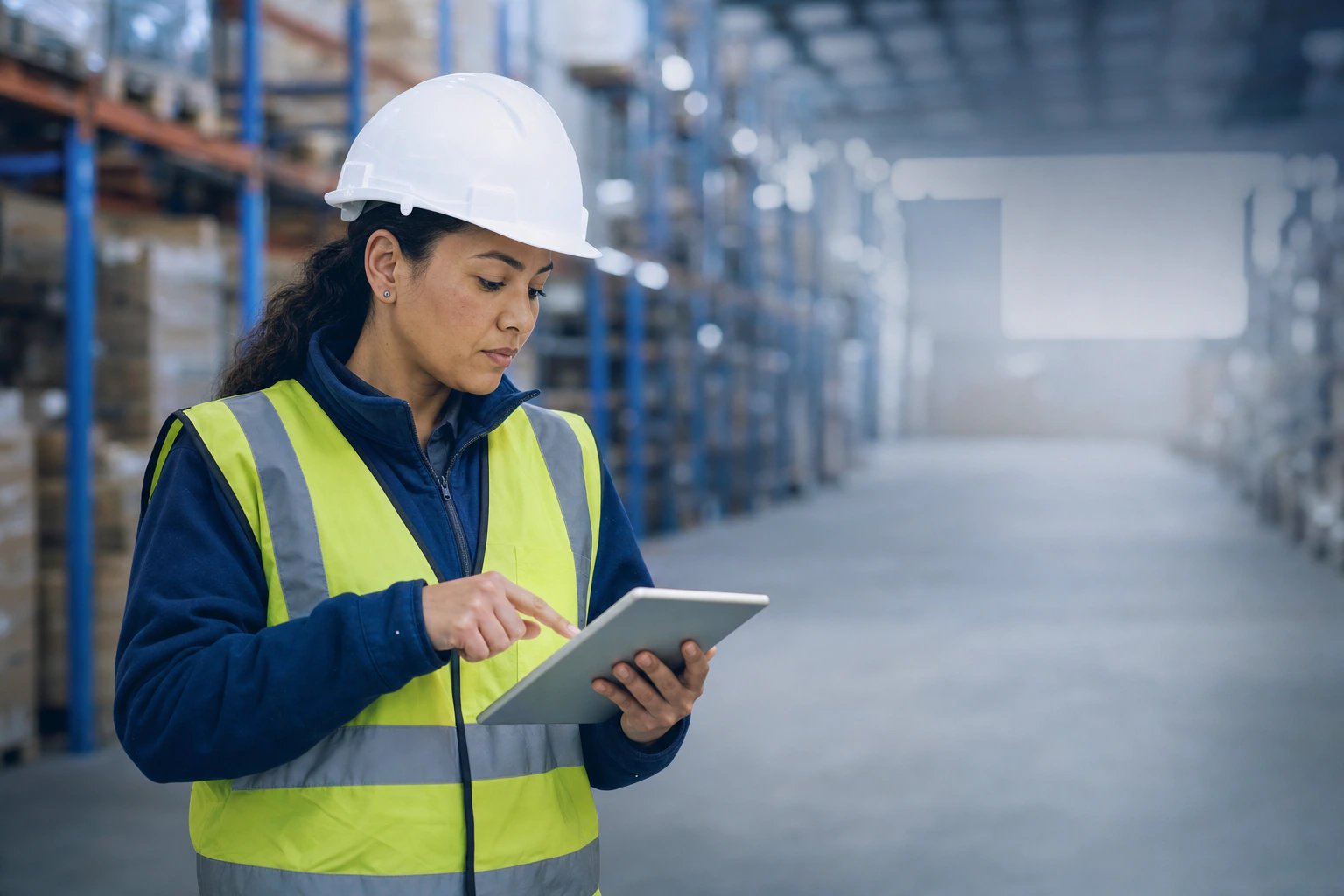 Trabajadora de logística registrando una inspección en una tablet dentro de un almacén