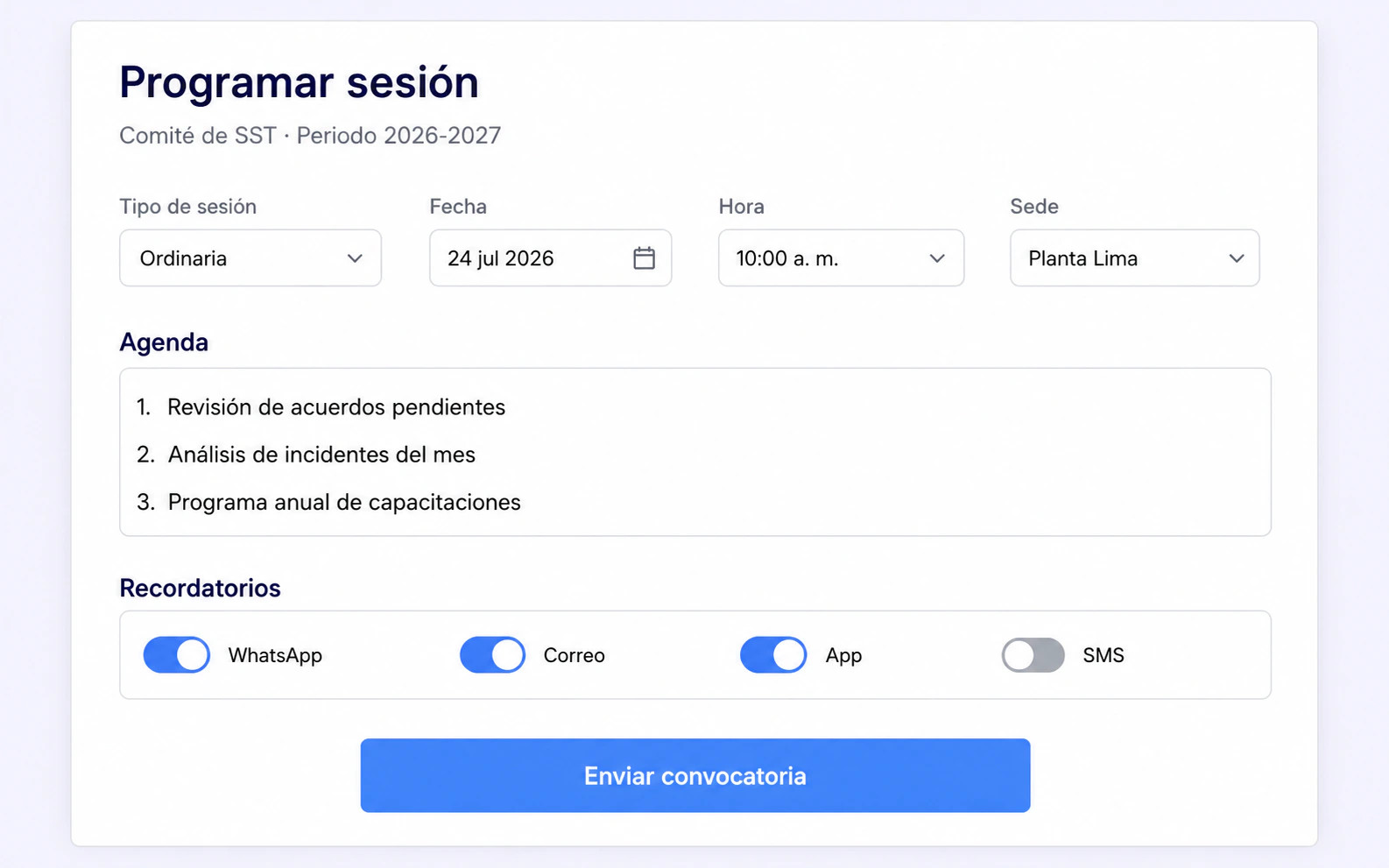 Programación de una sesión del Comité de SST en LAUS con agenda y convocatoria
