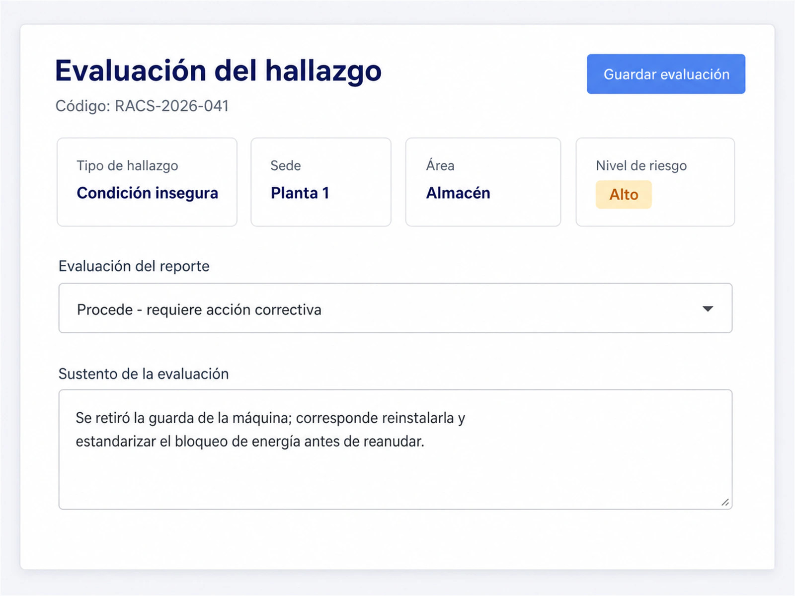 Evaluación y clasificación de un hallazgo en LAUS, con nivel de riesgo y sustento