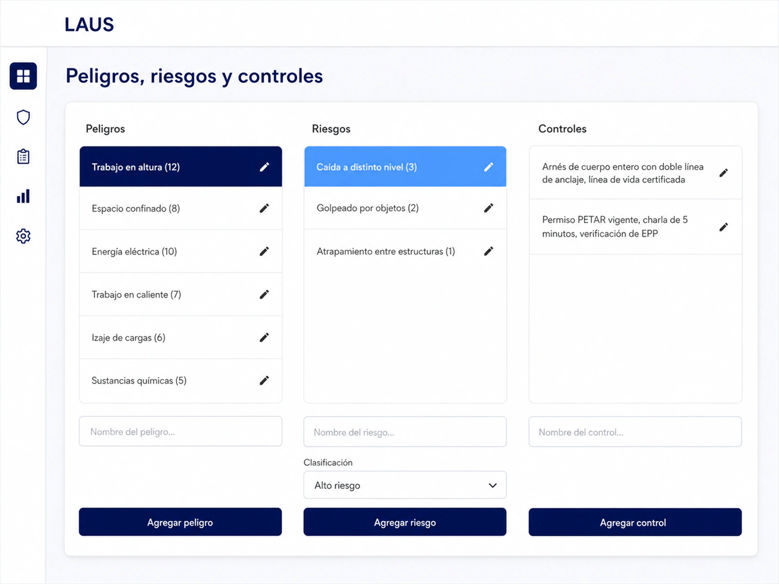 Configuración de peligros, riesgos y controles en LAUS, con la clasificación de alto riesgo