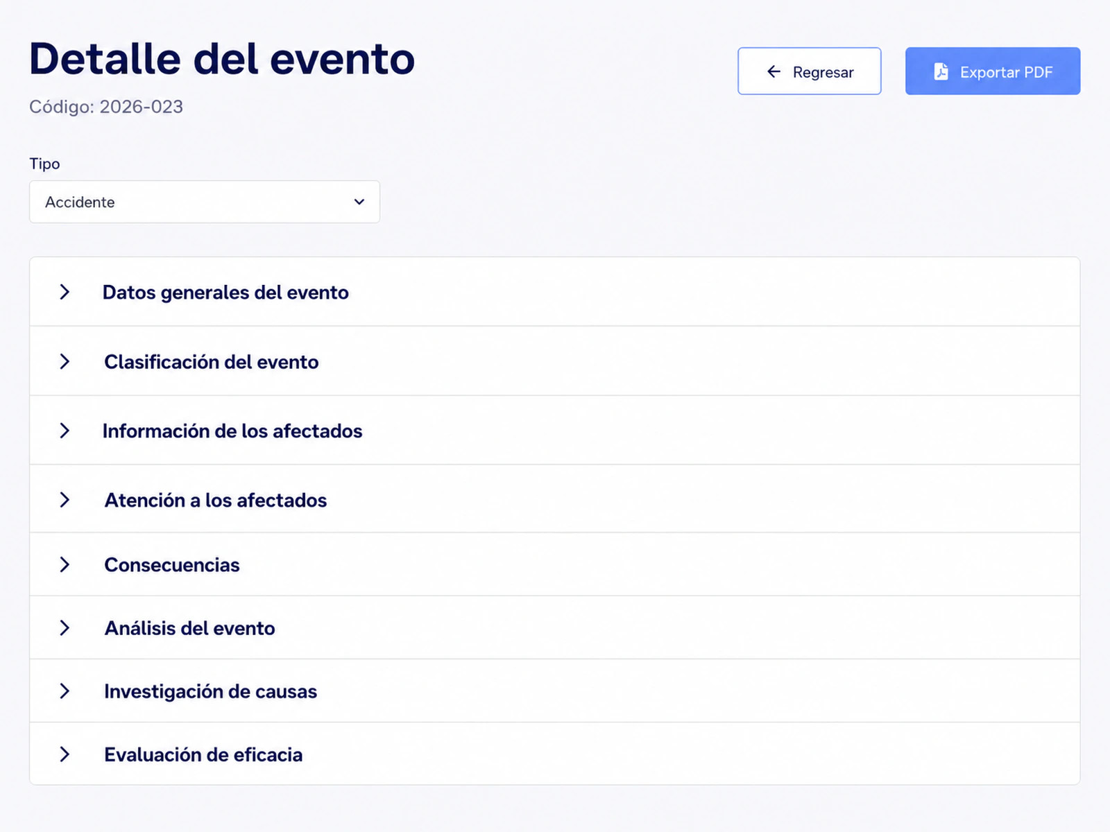 Detalle de un evento en LAUS con sus 8 secciones y exportación a PDF
