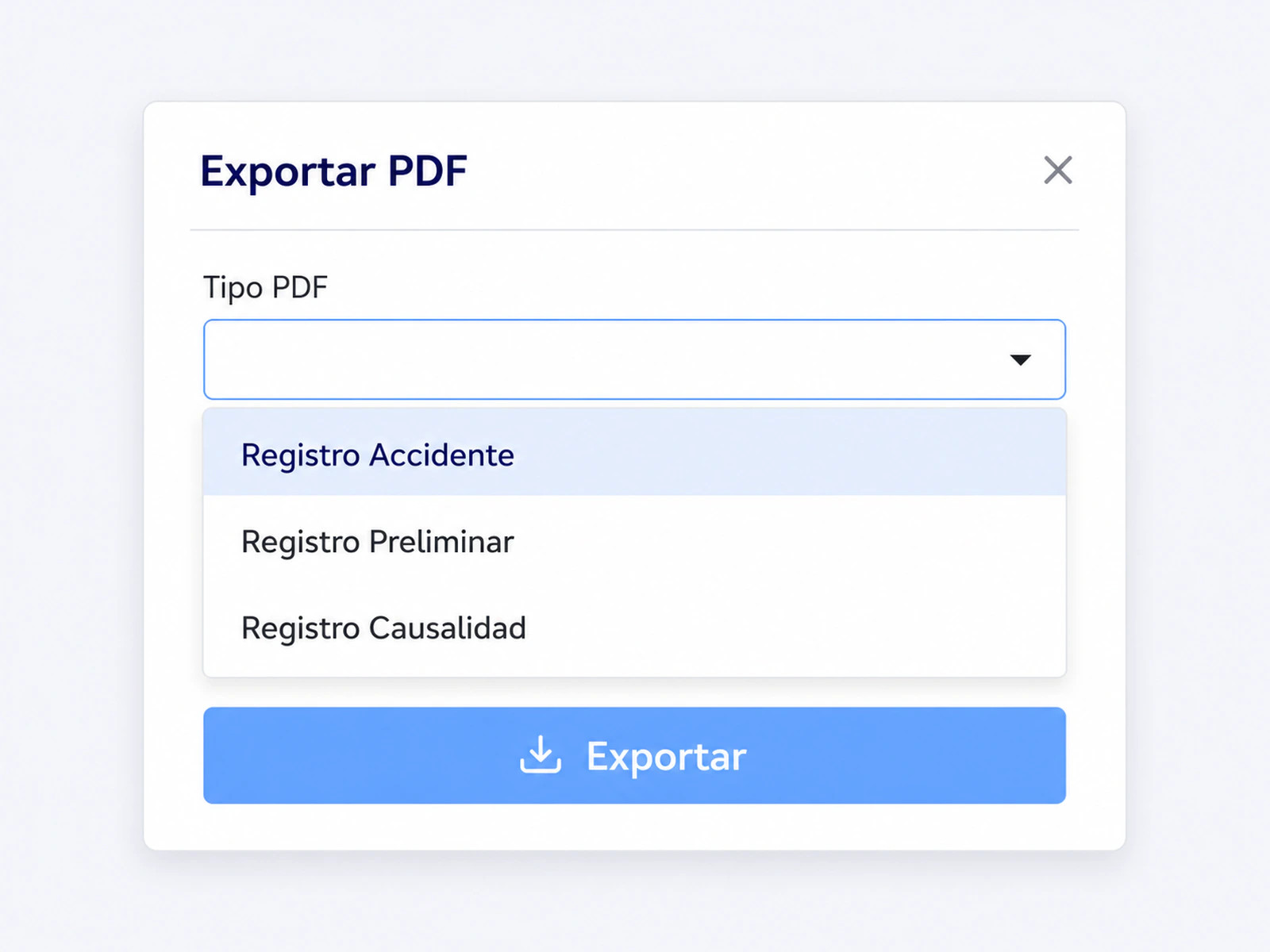 Modal Exportar PDF en LAUS con los 3 documentos: Registro Accidente, Registro Preliminar y Registro Causalidad