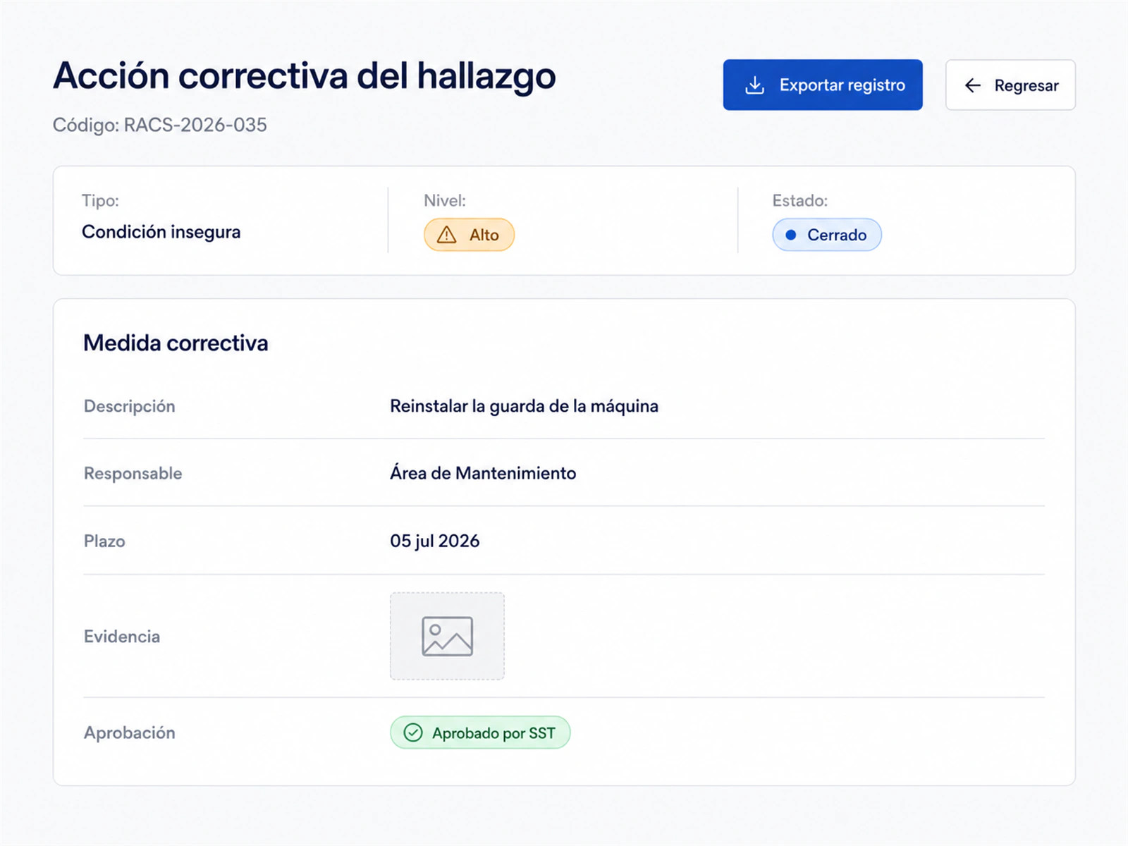 Detalle de la acción correctiva de un hallazgo en LAUS con responsable, plazo, evidencia y aprobación
