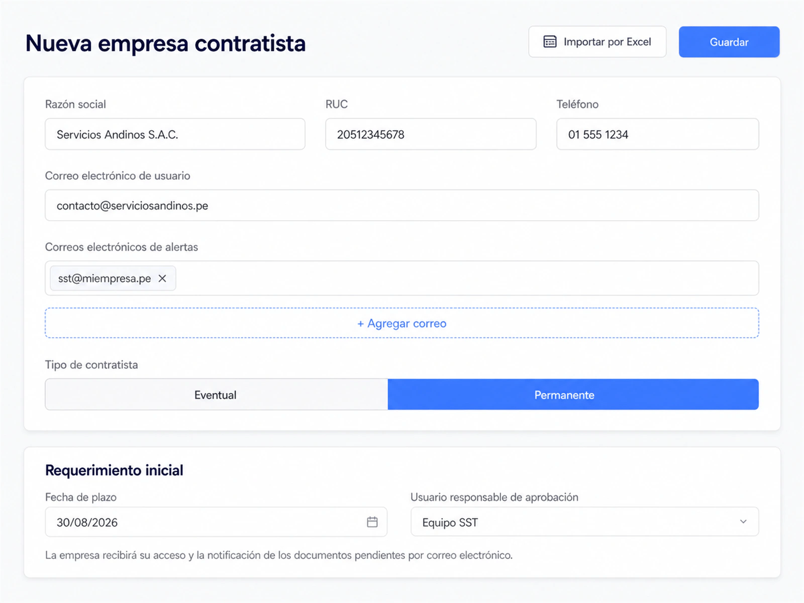 Alta de una empresa contratista en LAUS con RUC, contacto y sus correos de alerta