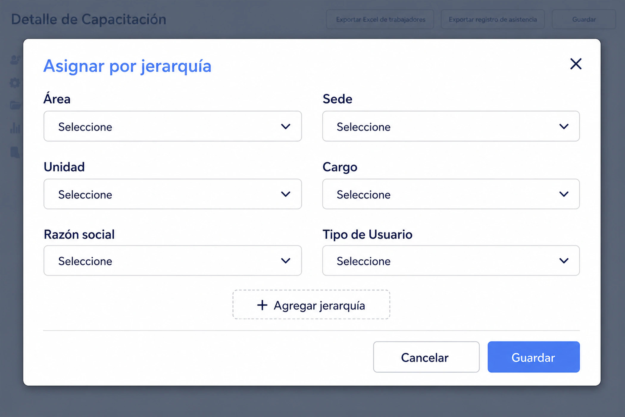 Asignación de capacitaciones por jerarquía en LAUS: área, sede, unidad, cargo y tipo de usuario