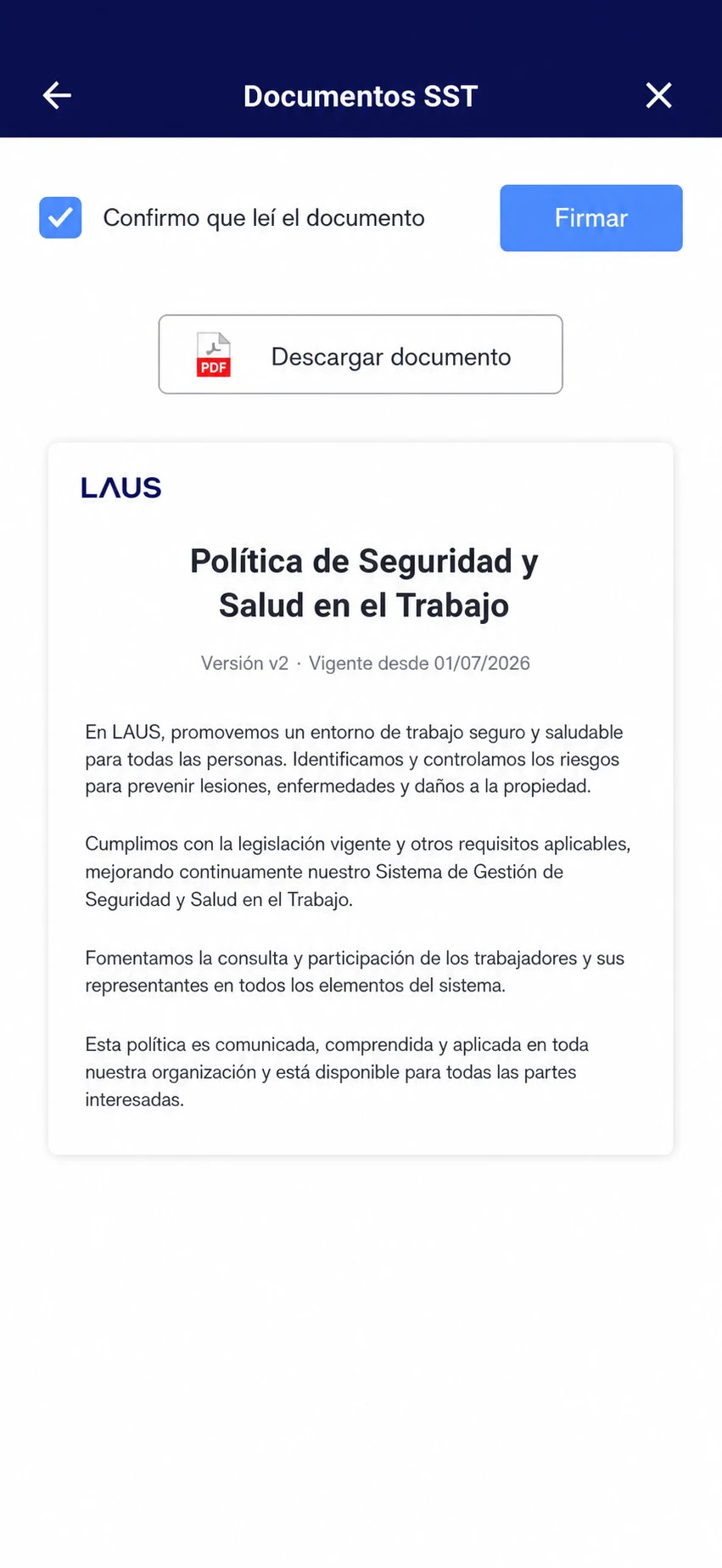 Colaborador confirmando la lectura y firmando el cargo de un documento del SGSST en la app de LAUS