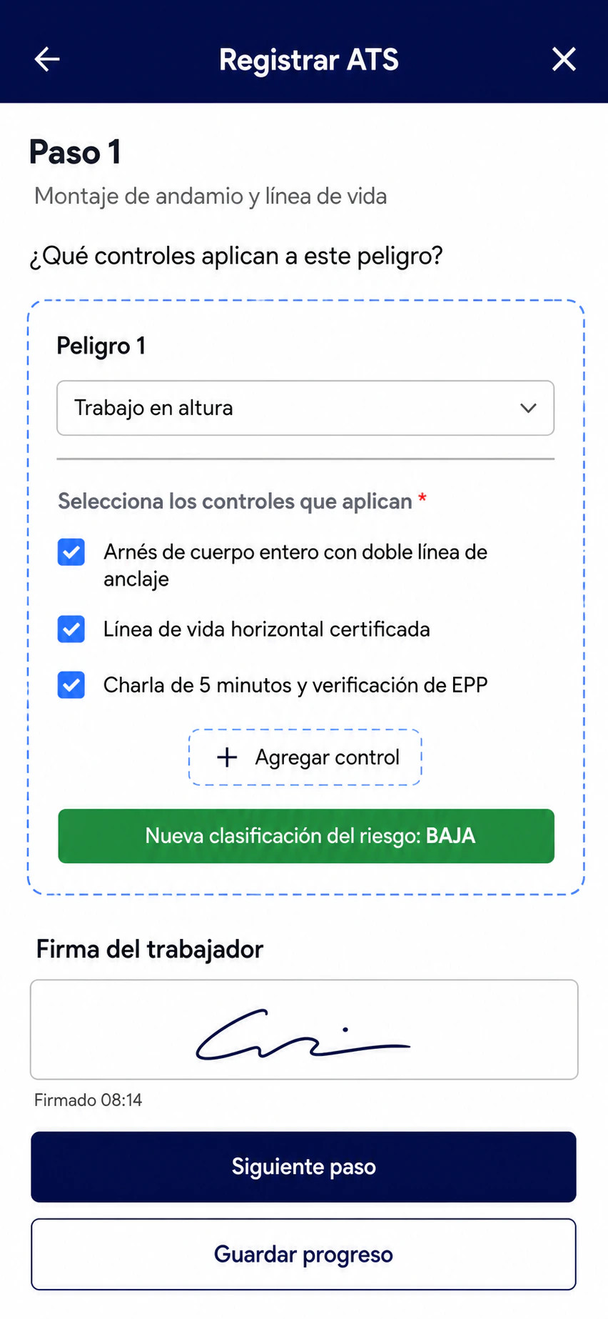 Controles del peligro trabajo en altura y firma del trabajador en la app de LAUS
