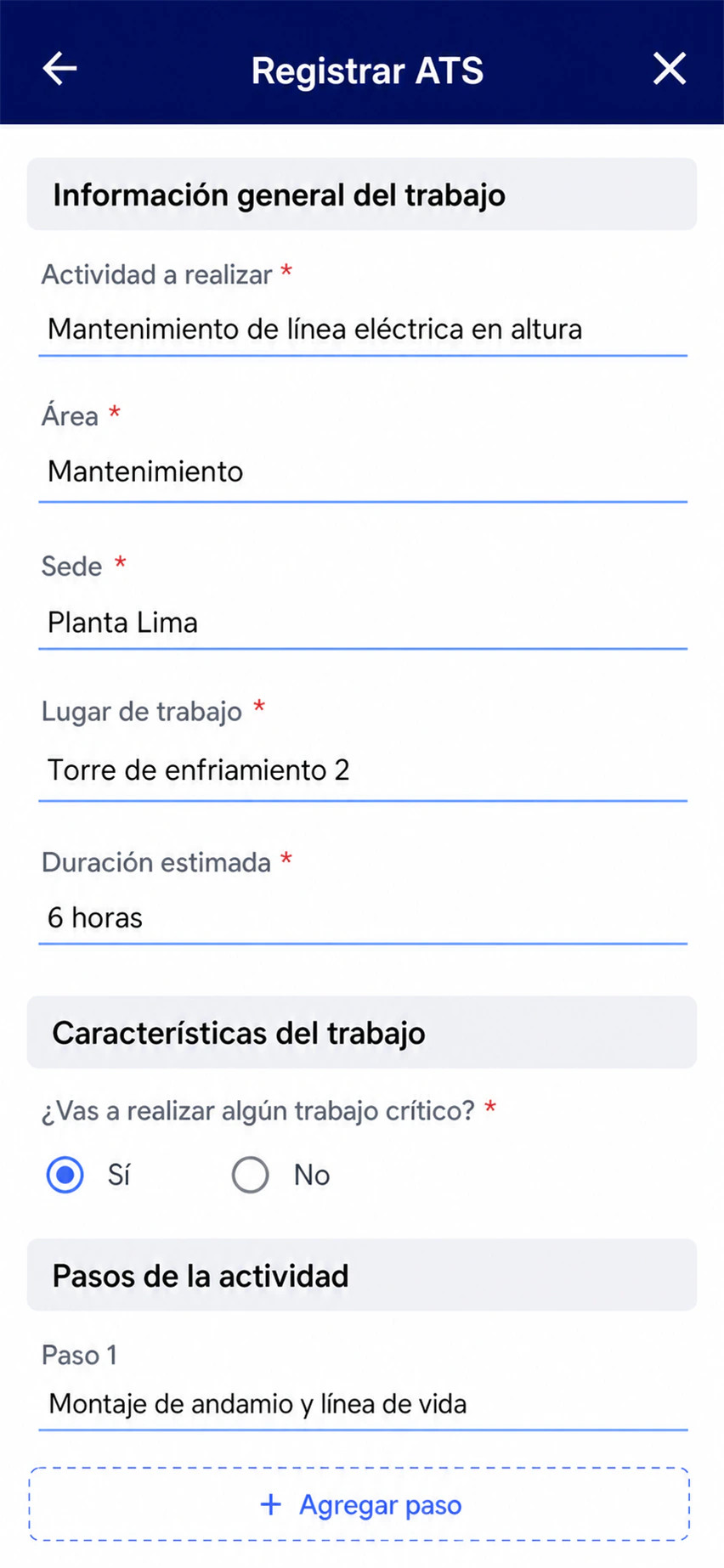Formulario del ATS en la app de LAUS: actividad, área, sede, lugar y pasos de la tarea