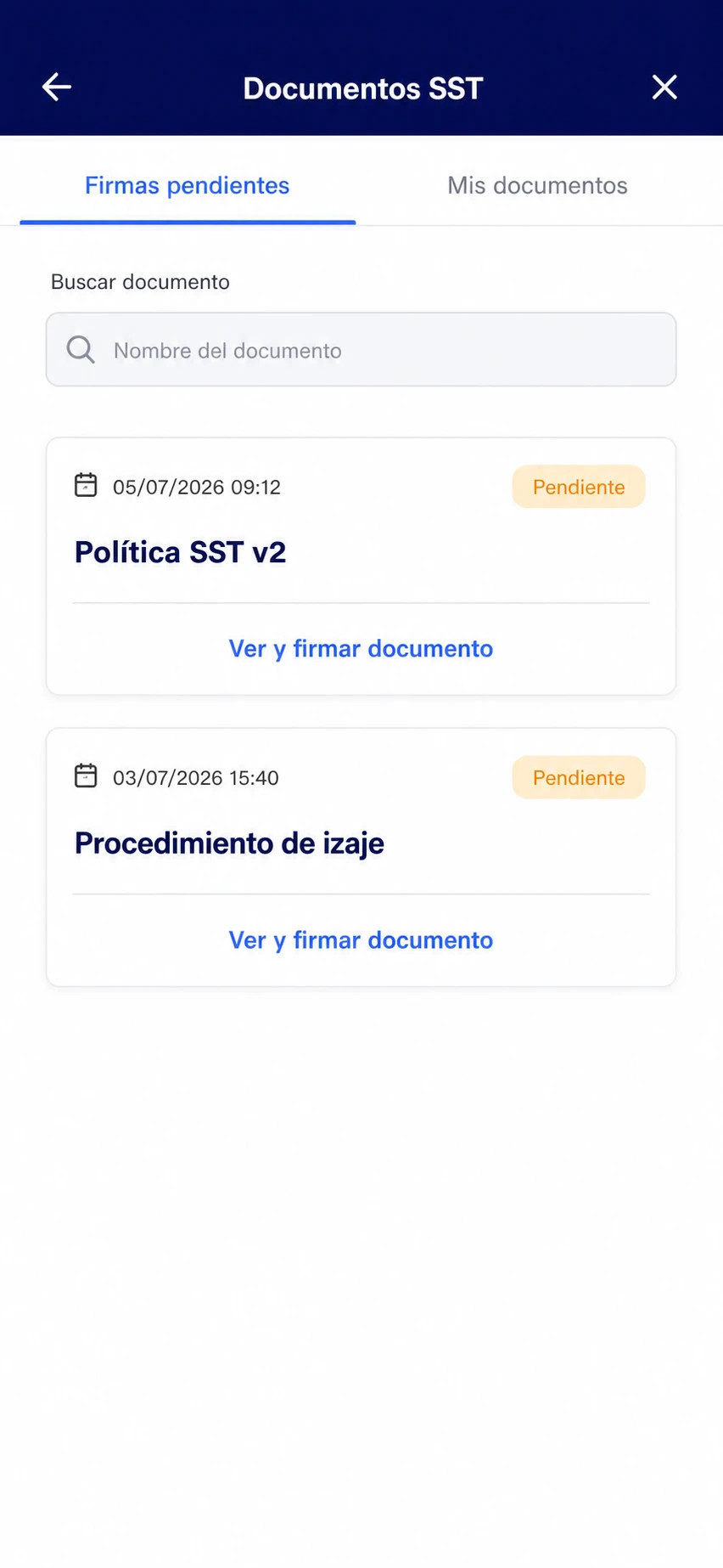 Lista de firmas pendientes de documentos del SGSST en la app de LAUS, con la acción de leer y firmar el cargo